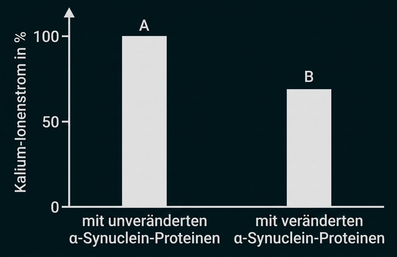 Balkendiagramm: Kalium-Ionenstrom (%) bei unveränderten α‑Synuclein-Proteinen (hoch, A) und veränderten (niedriger, B)